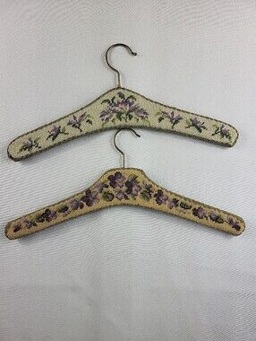 Vintage Padded Needlepoint Clothes Hanger Floral Flowers Tapestry Lot Of 2